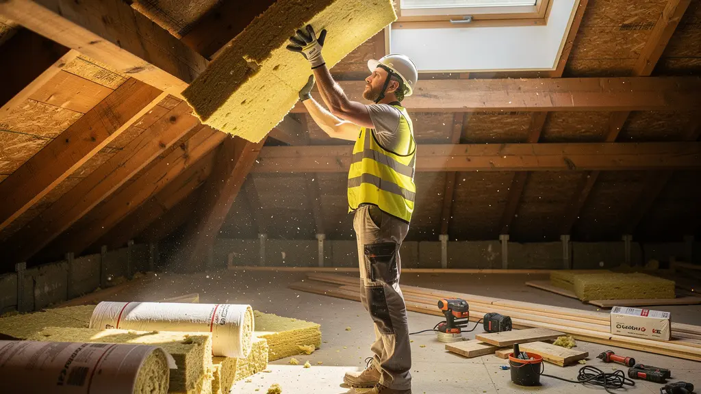 Artisan posant de l'isolation dans des combles en rénovation