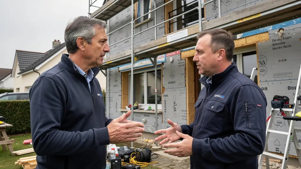 Propriétaire et technicien discutant devant une maison en rénovation énergétique
