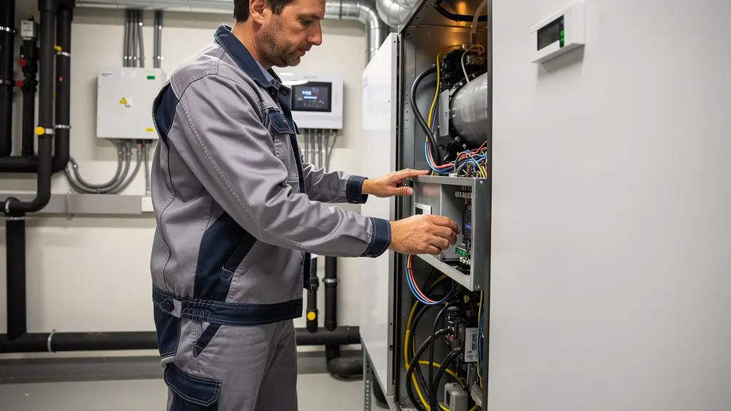 Technicien inspectant une pompe à chaleur dans un local technique