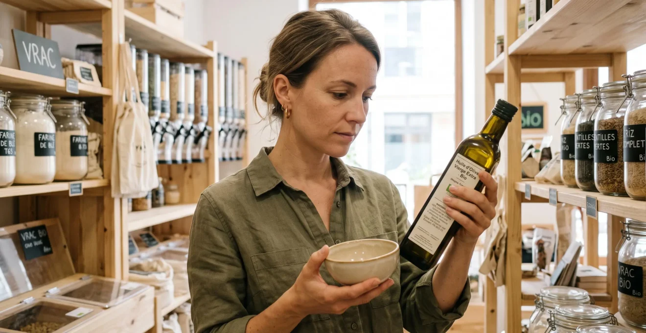 Femme dans la trentaine examinant attentivement l'étiquette de composition d'un bol dans le rayon d'un magasin spécialisé en produits écologiques