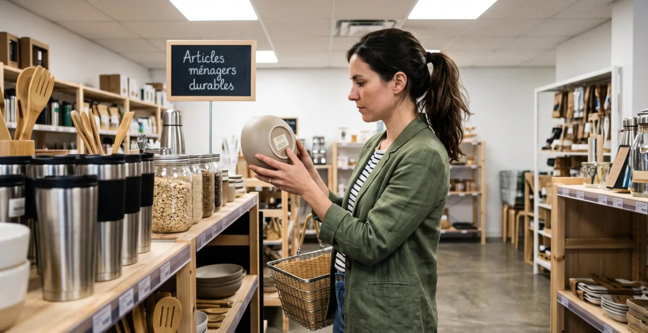 Femme dans la trentaine examinant attentivement l'étiquette de composition d'un bol dans le rayon d'un magasin spécialisé en produits écologiques
