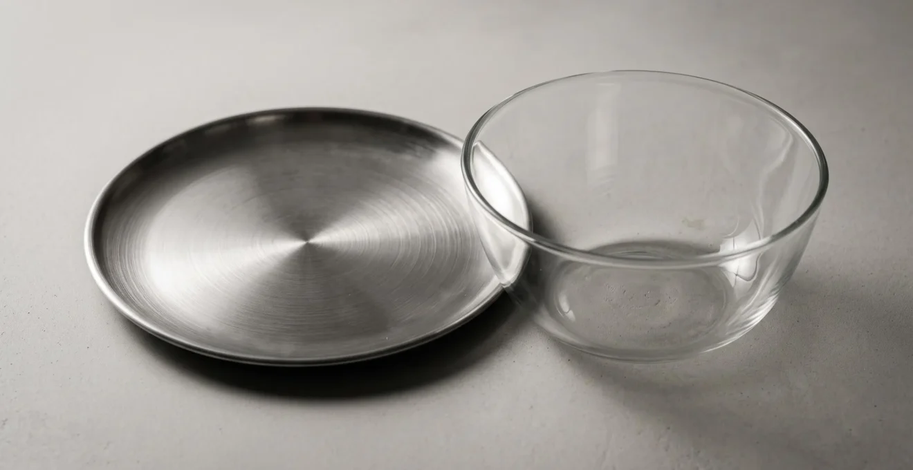 Gros plan d'une assiette en acier inoxydable à finition brossée et d'un bol en verre borosilicate transparent côte à côte sur fond gris neutre