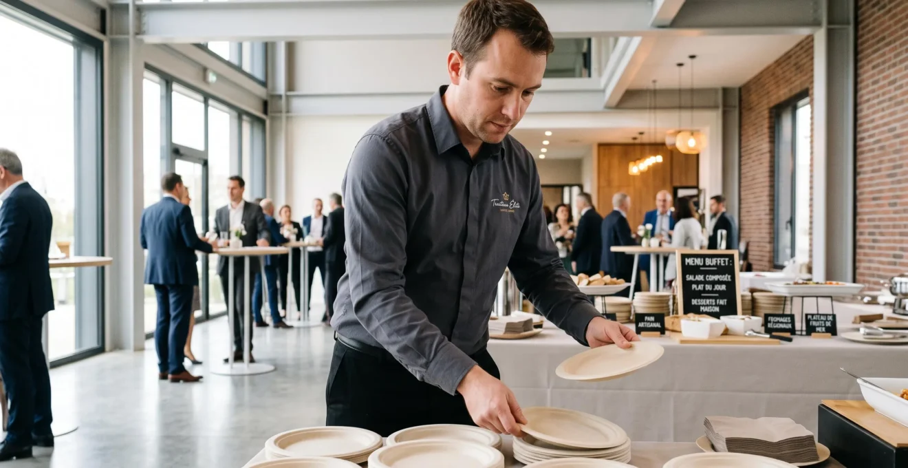 Professionnel de la restauration disposant des assiettes compostables en pulpe de canne à sucre sur une table de buffet dans une salle de réception contemporaine