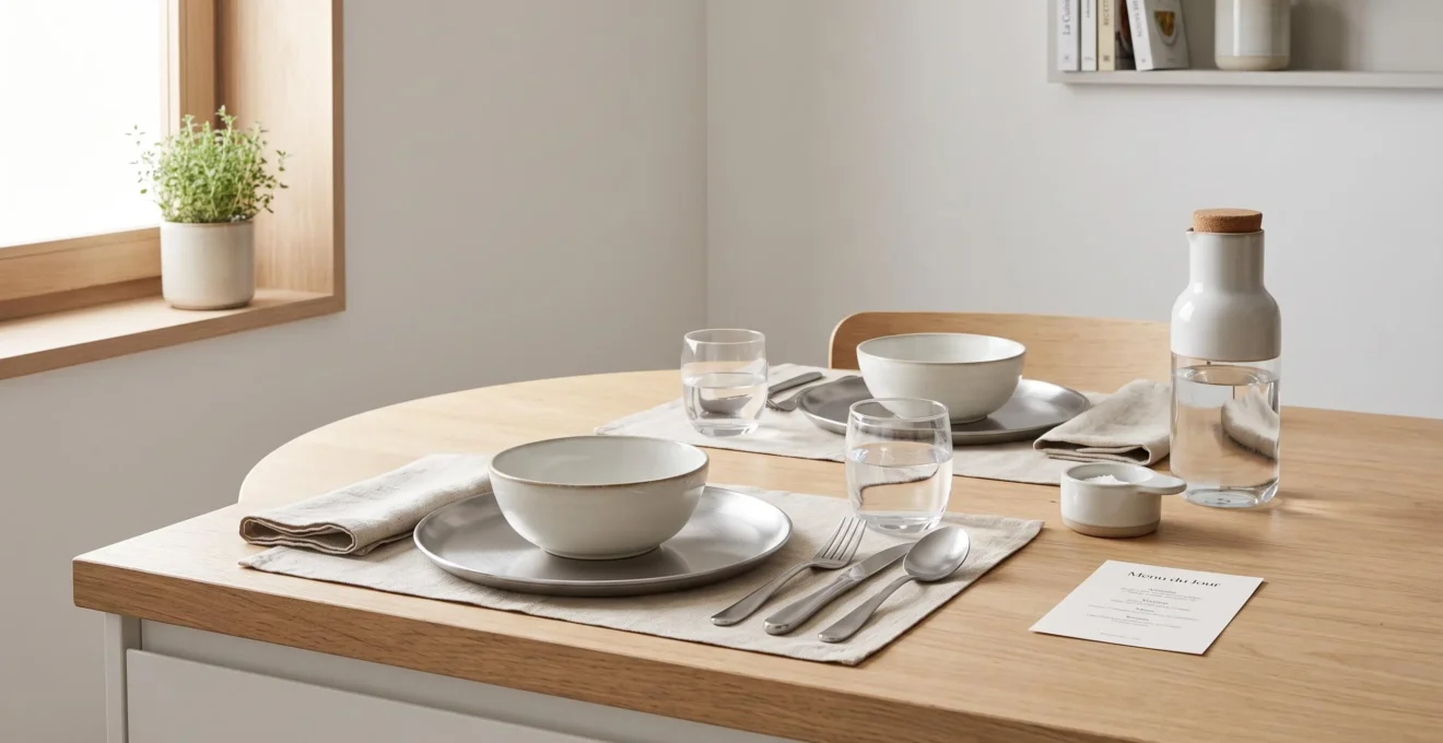 Table de cuisine moderne avec service de vaisselle réutilisable comprenant assiettes en inox, bols en céramique blanche et couverts en acier inoxydable, éclairés par lumière naturelle